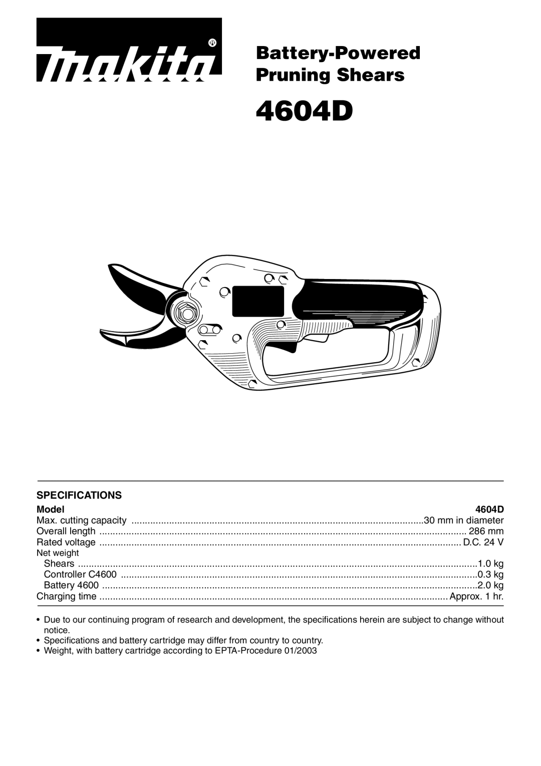 Makita specifications Specifications, Model 4604D 