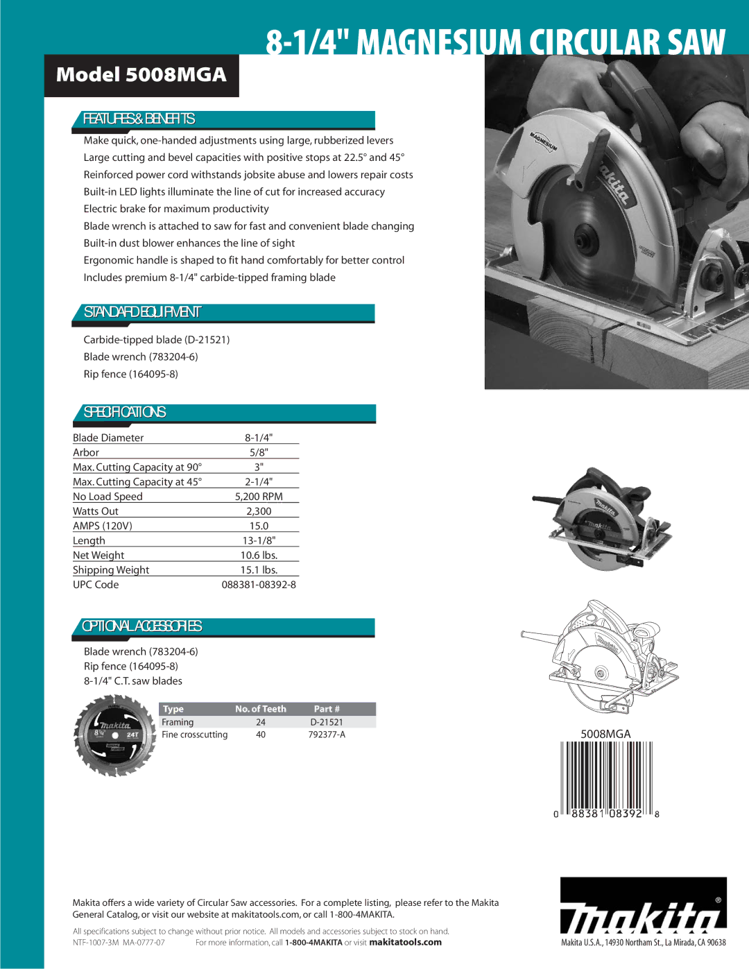 Makita 50008MGA manual Features & Benefits, Standard Equipment, Specifications 