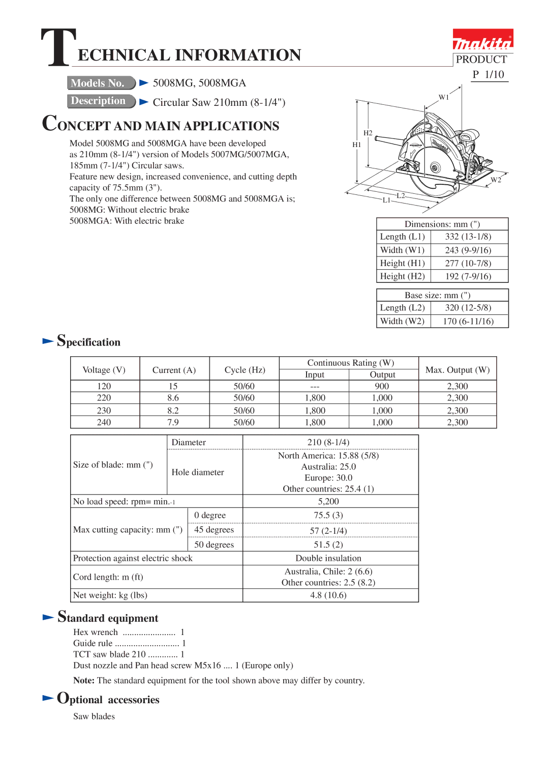 Makita 5007MG-R dimensions Specification, Standard equipment, Optional accessories 