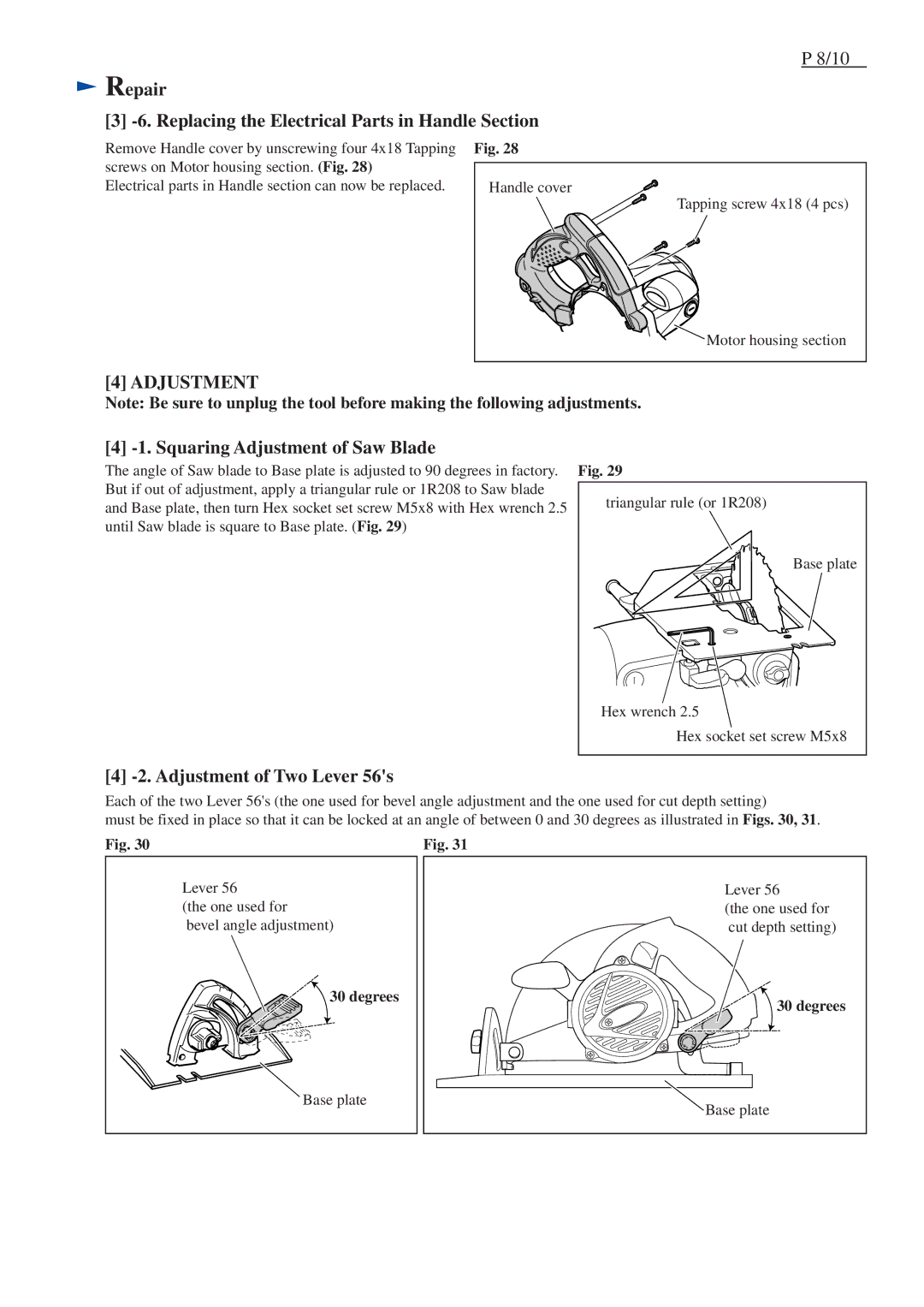 Makita 5007MG-R dimensions Repair Replacing the Electrical Parts in Handle Section, Squaring Adjustment of Saw Blade 