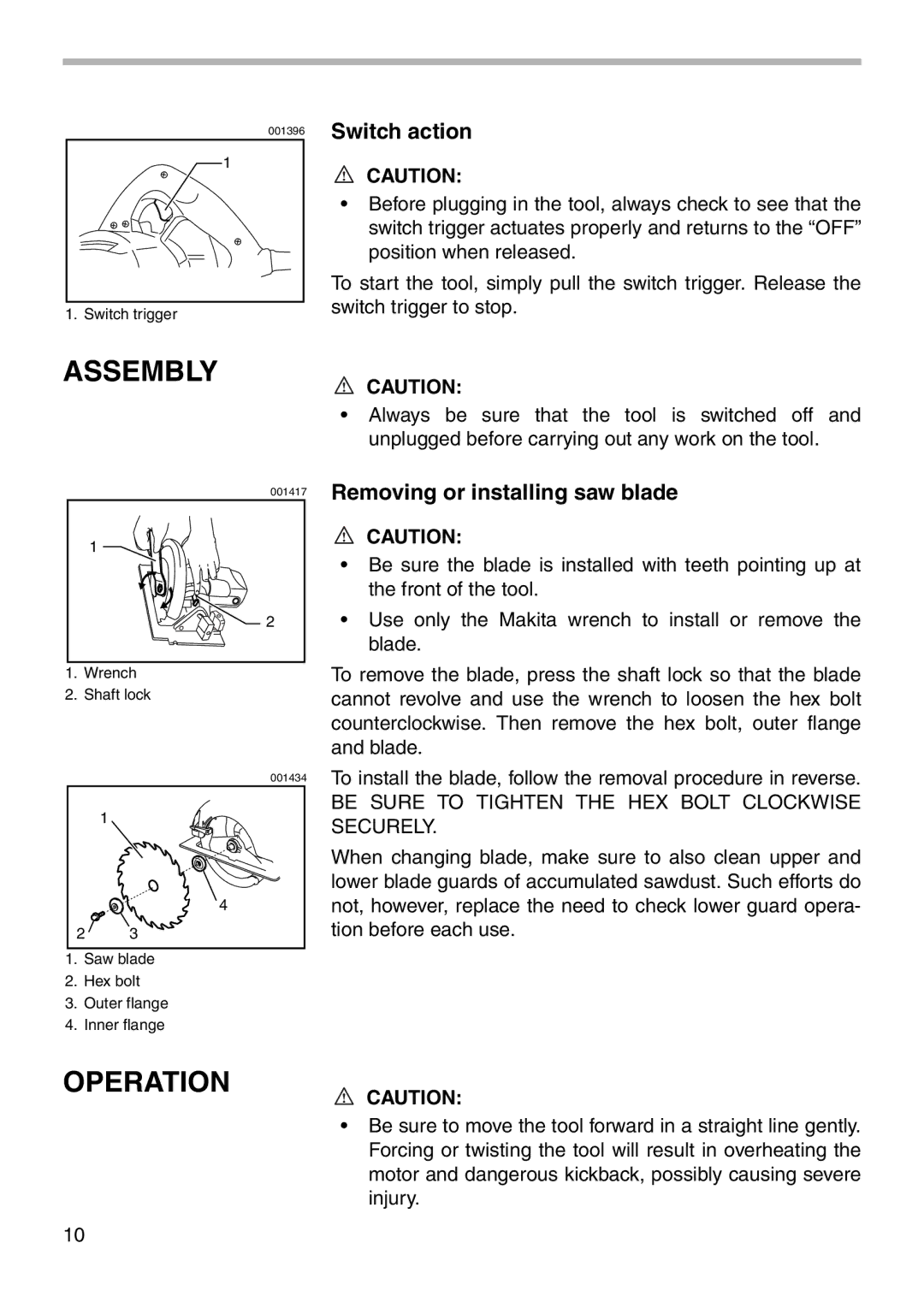 Makita 5007NH instruction manual Assembly, Operation, Switch action, Removing or installing saw blade 