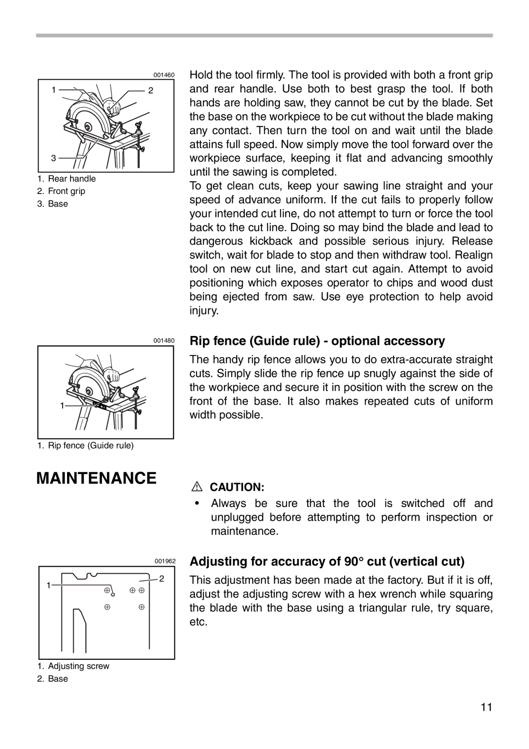 Makita 5007NH Maintenance, Rip fence Guide rule optional accessory, Adjusting for accuracy of 90 cut vertical cut 