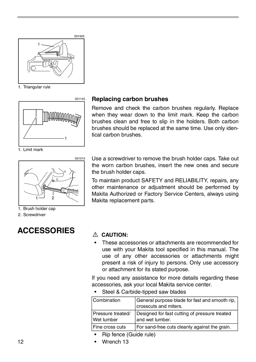 Makita 5007NH instruction manual Accessories, Replacing carbon brushes 