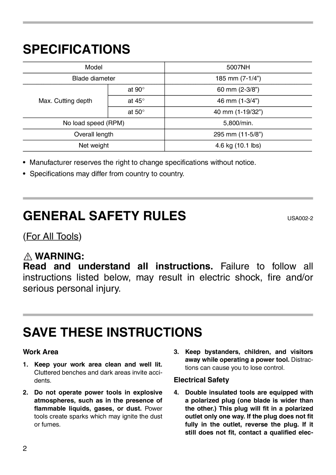 Makita 5007NH instruction manual Specifications 