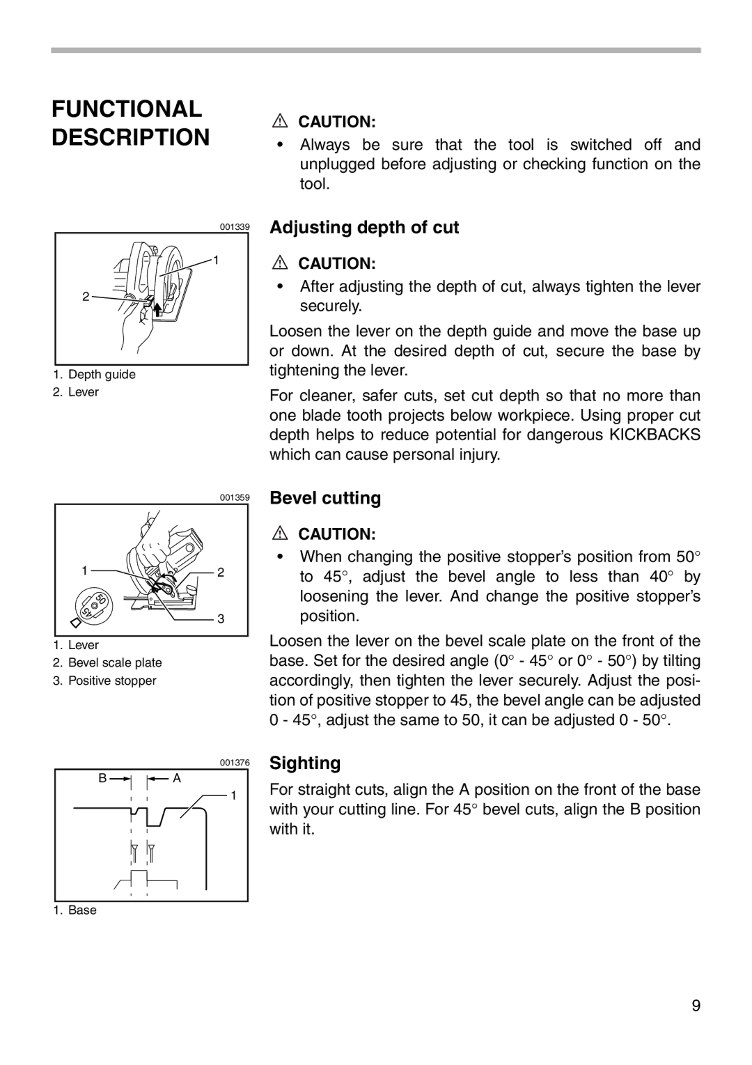 Makita 5007NH instruction manual Functional Description, Adjusting depth of cut, Bevel cutting, Sighting 