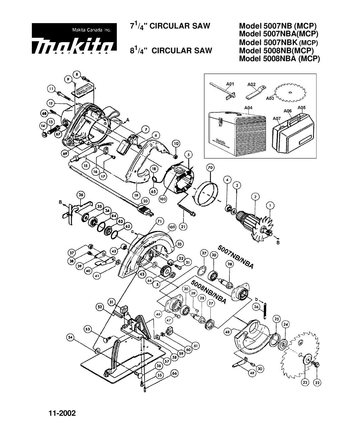 Makita 5008NB(MCP), 5008NBA (MCP), 5007NBA(MCP), 5007NB (MCP), 5007NBK (MCP) manual 71/4 Circular SAW 