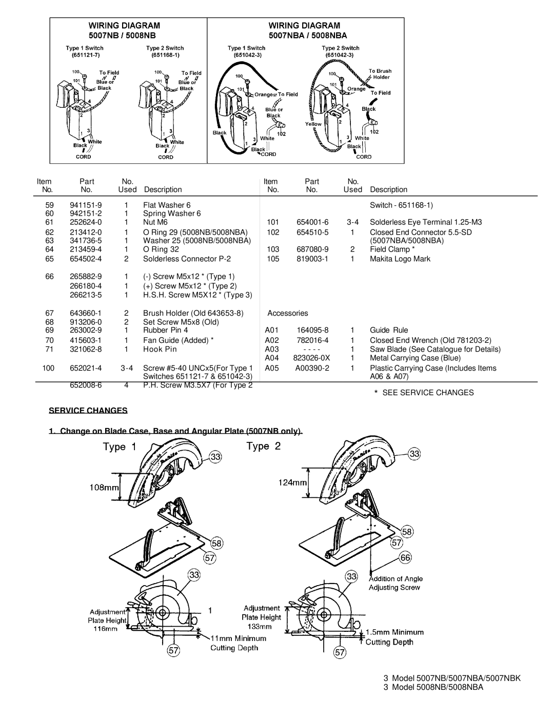 Makita 5007NB (MCP), 5008NBA (MCP), 5008NB(MCP) Service Changes, Change on Blade Case, Base and Angular Plate 5007NB only 