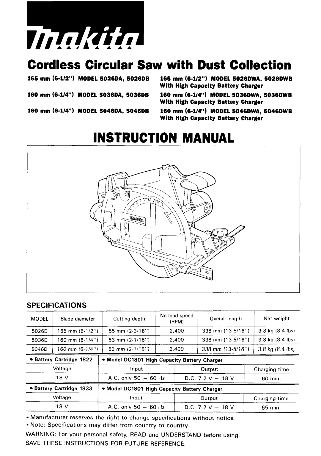 Makita 5026DWB, 5036DWB, 5026DB, 5036DA, 5036DWA, 5036DB, 5026DWA instruction manual Cordless Circular Saw with Dust Collection 