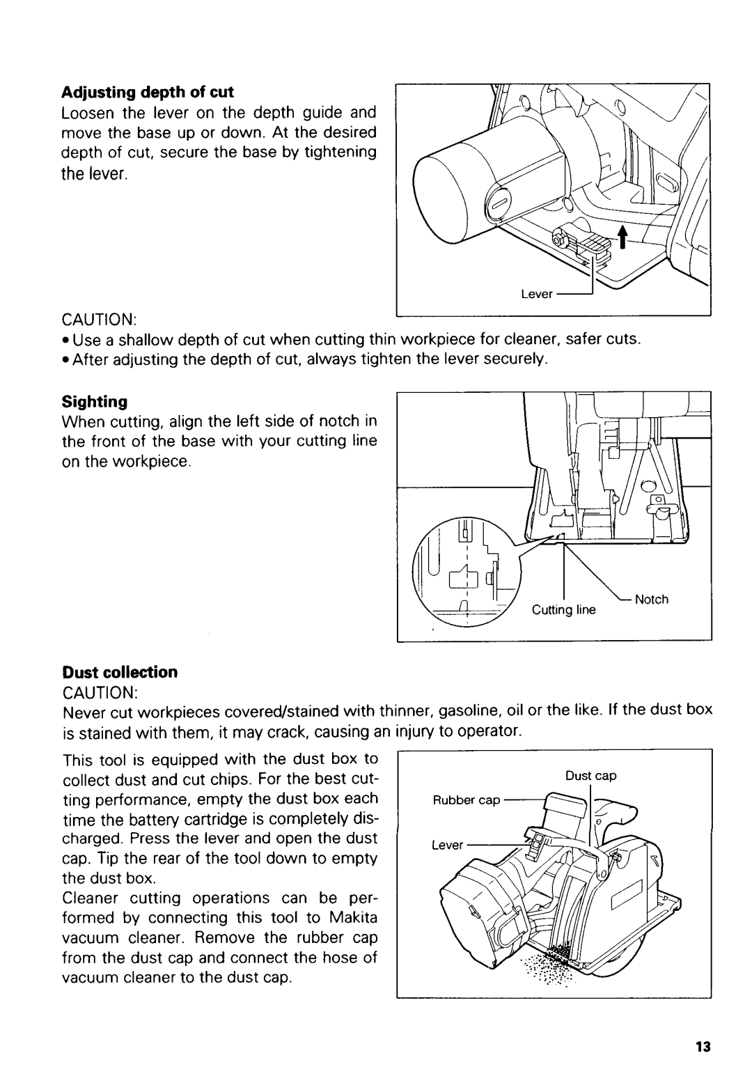 Makita 5026DB, 5036DWB, 5026DWB, 5036DA, 5036DWA, 5036DB, 5026DWA, 5046DA Adjusting depth of cut, Sighting, Dust collection 