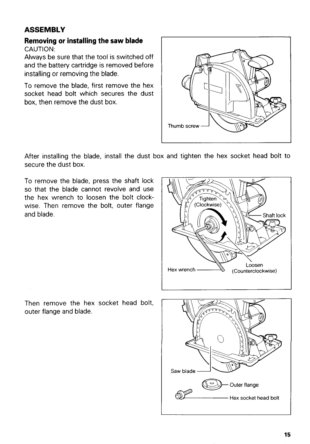 Makita 5036DWA, 5036DWB, 5026DWB, 5026DB, 5036DA, 5036DB, 5026DWA, 5046DA, 5046DB Assembly, Removing or installingthe saw blade 