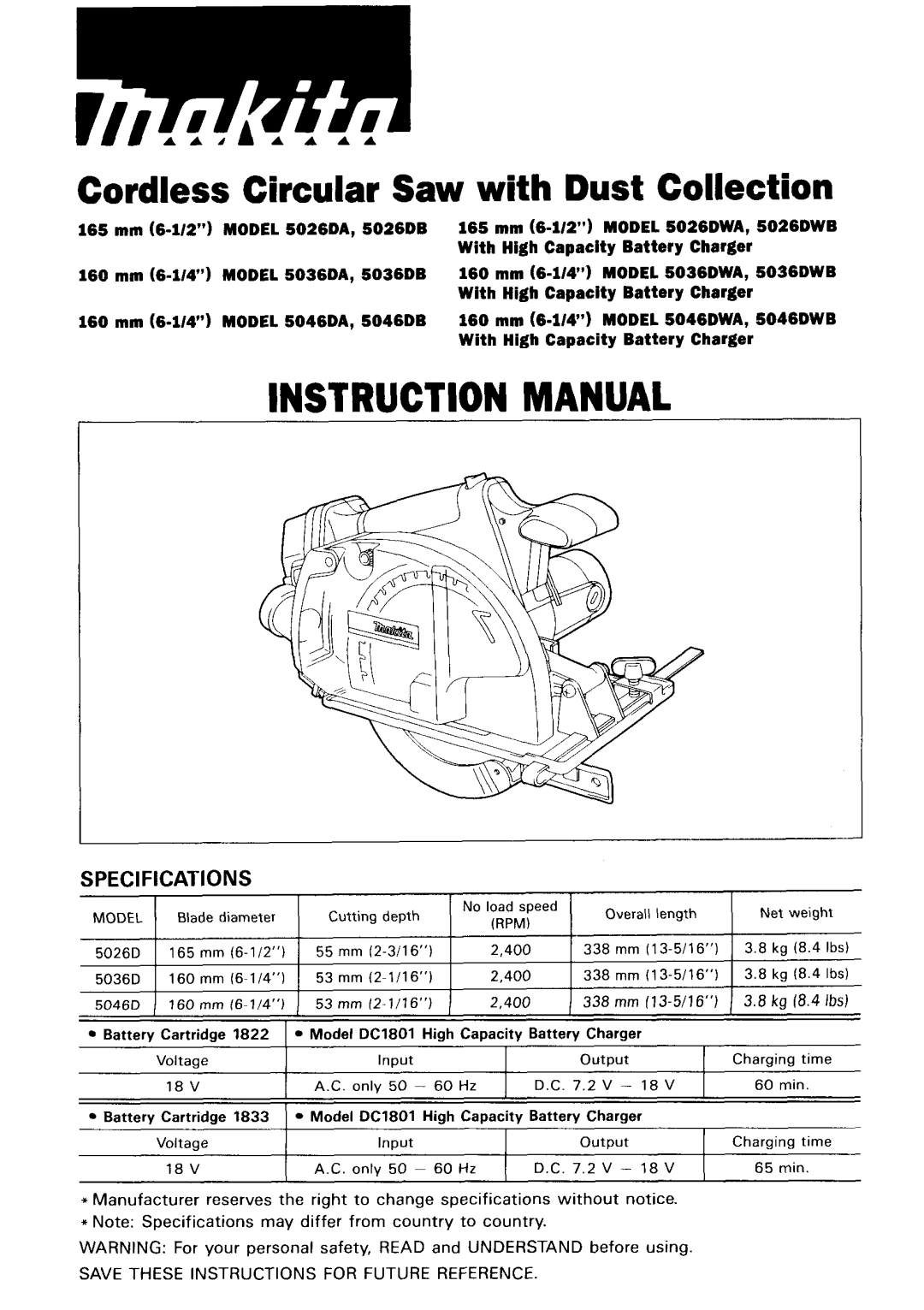 Makita 5026DWB, 5036DWB, 5026DB, 5036DA, 5036DWA, 5036DB, 5046DA, 5046DB manual Cordless Circular Saw with Dust Collection 