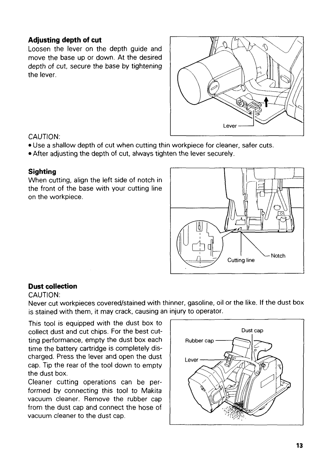 Makita 5036DWB, 5026DWB, 5026DB, 5036DA, 5036DWA, 5036DB, 5046DA, 5046DB Adjusting depth of cut, Sighting, Dust collection 