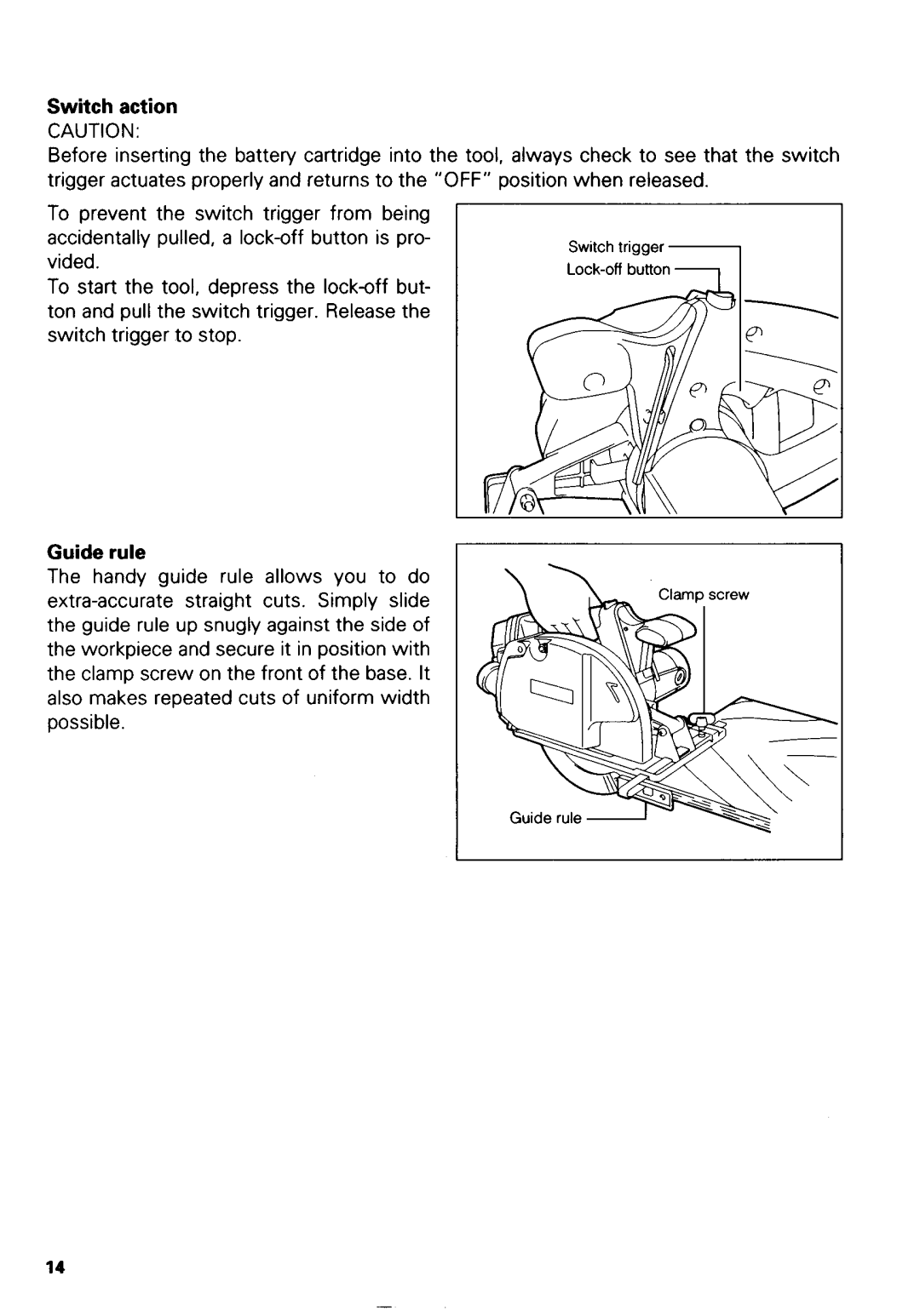 Makita 15026DWA, 5036DWB, 5026DWB, 5026DB, 5036DA, 5036DWA, 5036DB, 5046DA, 5046DB, 5046DWA, 5046DWB manual Switch action, Guide rule 