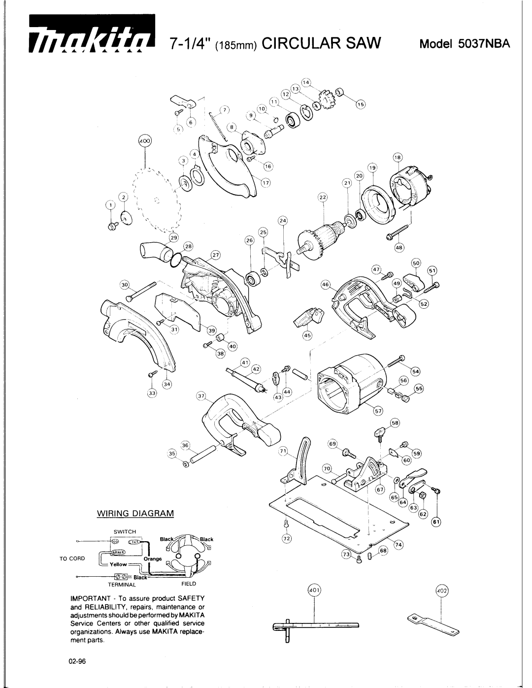 Makita manual 114185mmCIRCULAR SAW Mode 5037NBA, Wiring Diagram 