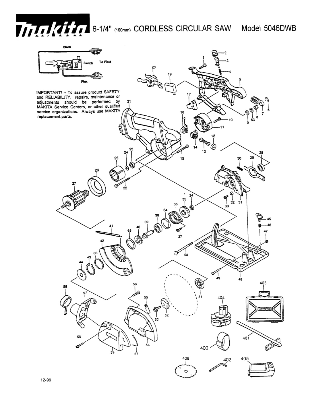 Makita 5046DWD manual 114 160 Cordless Circular SAW Model 5046DWB 