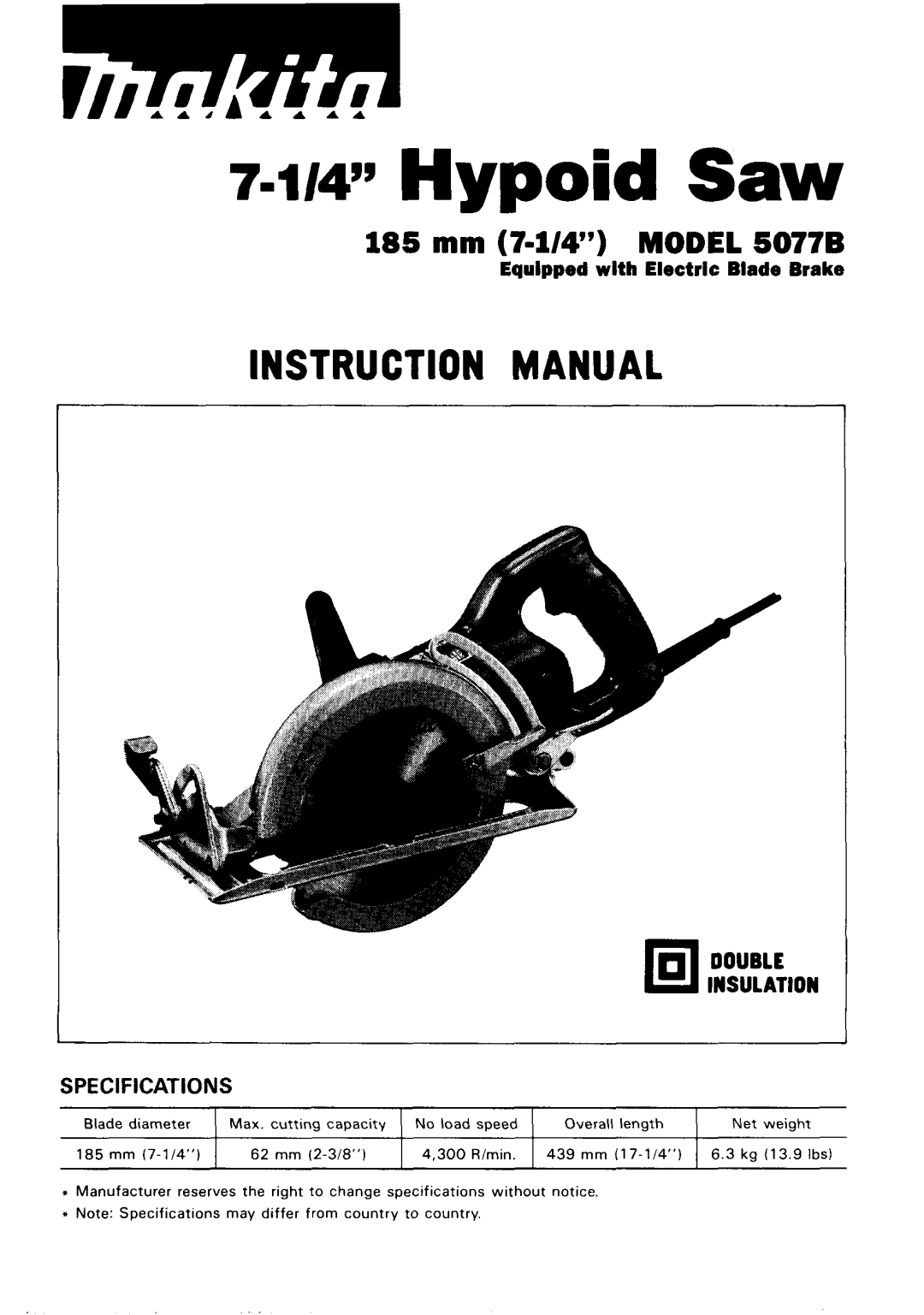 Makita instruction manual 185 mm 744 Model 5077B 