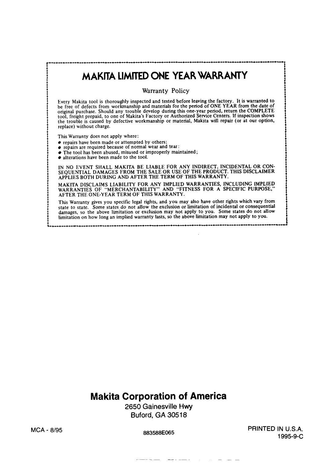 Makita 5077B instruction manual Makita Limited ONE Year Warranty 