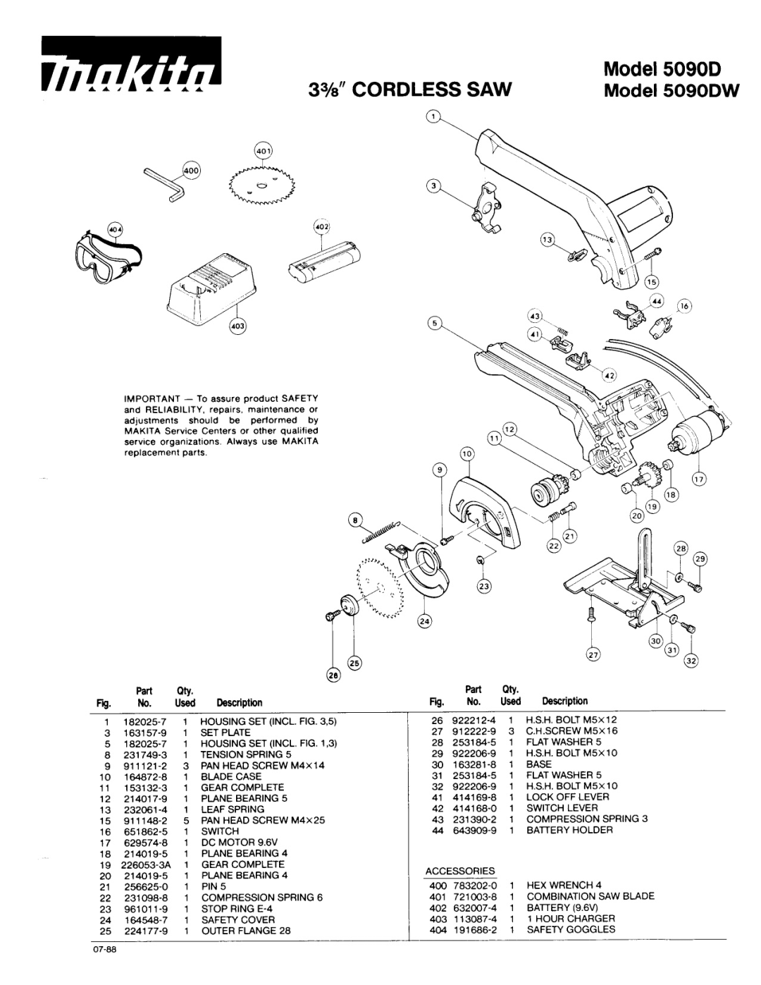 Makita manual 33/d1CORDLESS SAW Model 5090D, Model 5090DW 