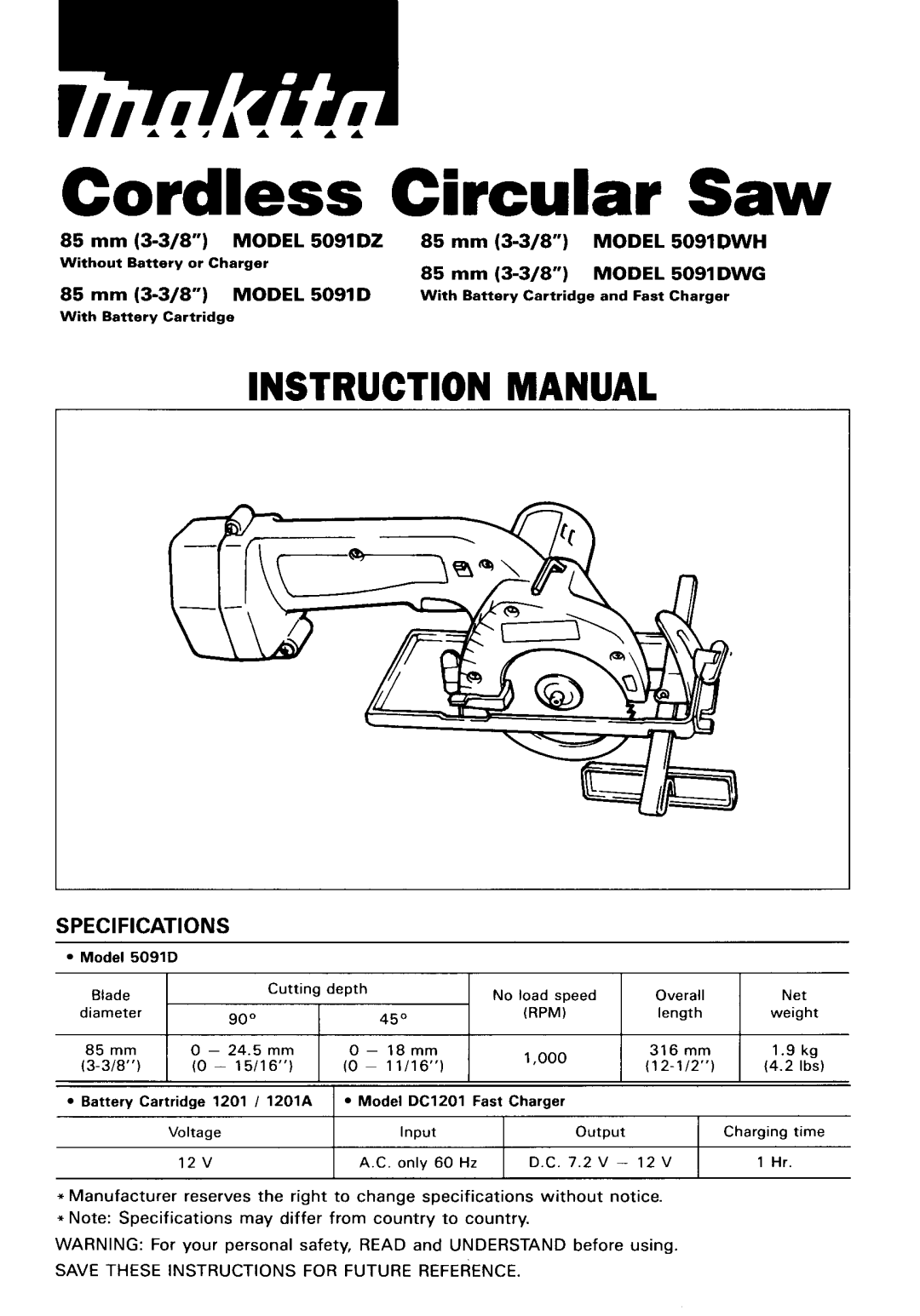 Makita 5091DWG, 5091DZ instruction manual Cordless Circular Saw 