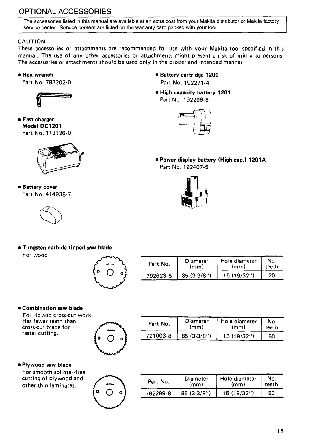 Makita 5091DWG, 5091DZ instruction manual Optional Accessories 