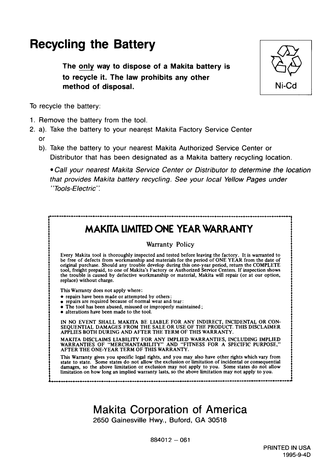 Makita 5091DZ, 5091DWG instruction manual Recycling the Battery 