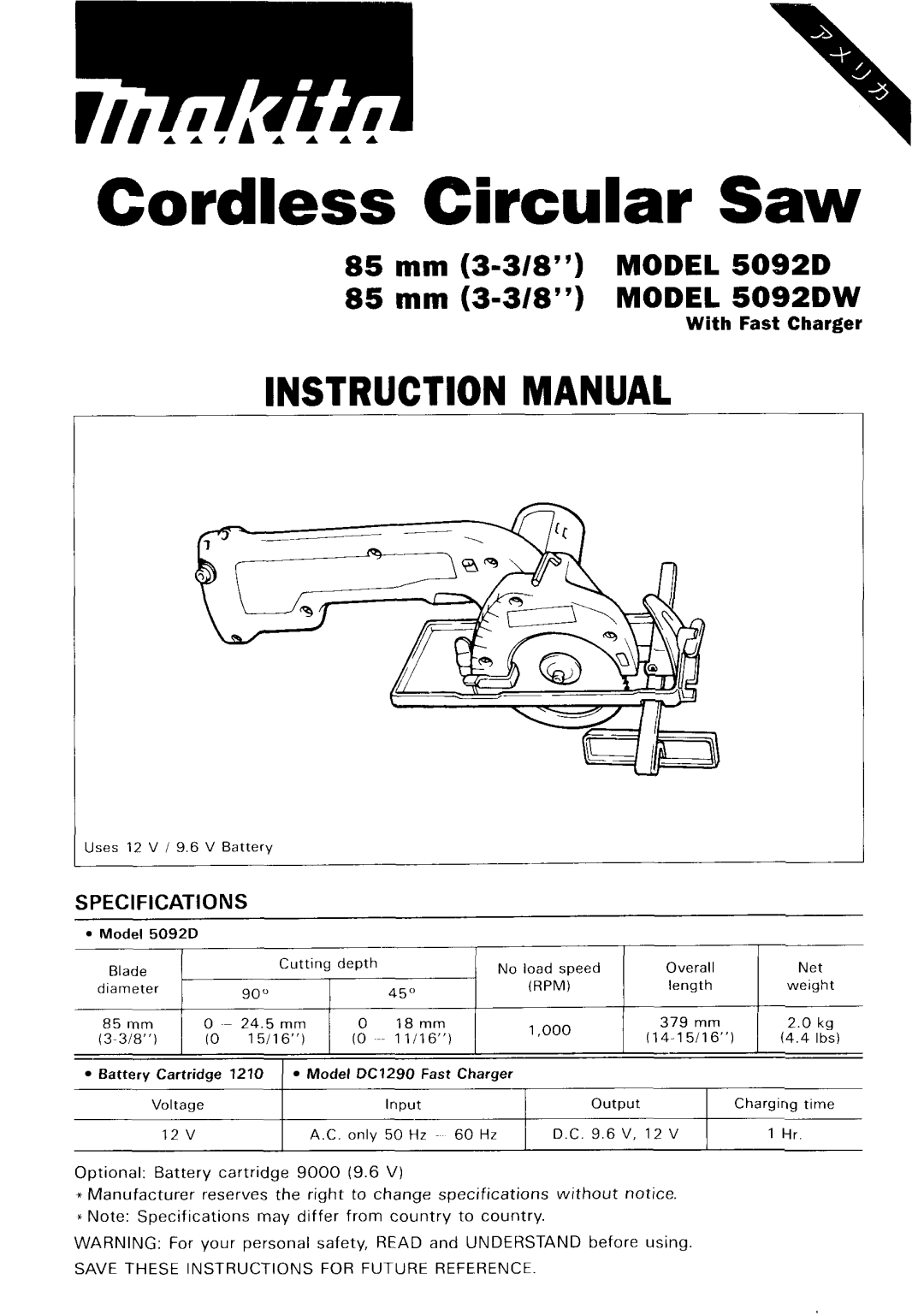 Makita 5092DW instruction manual Cordless Circular Saw 