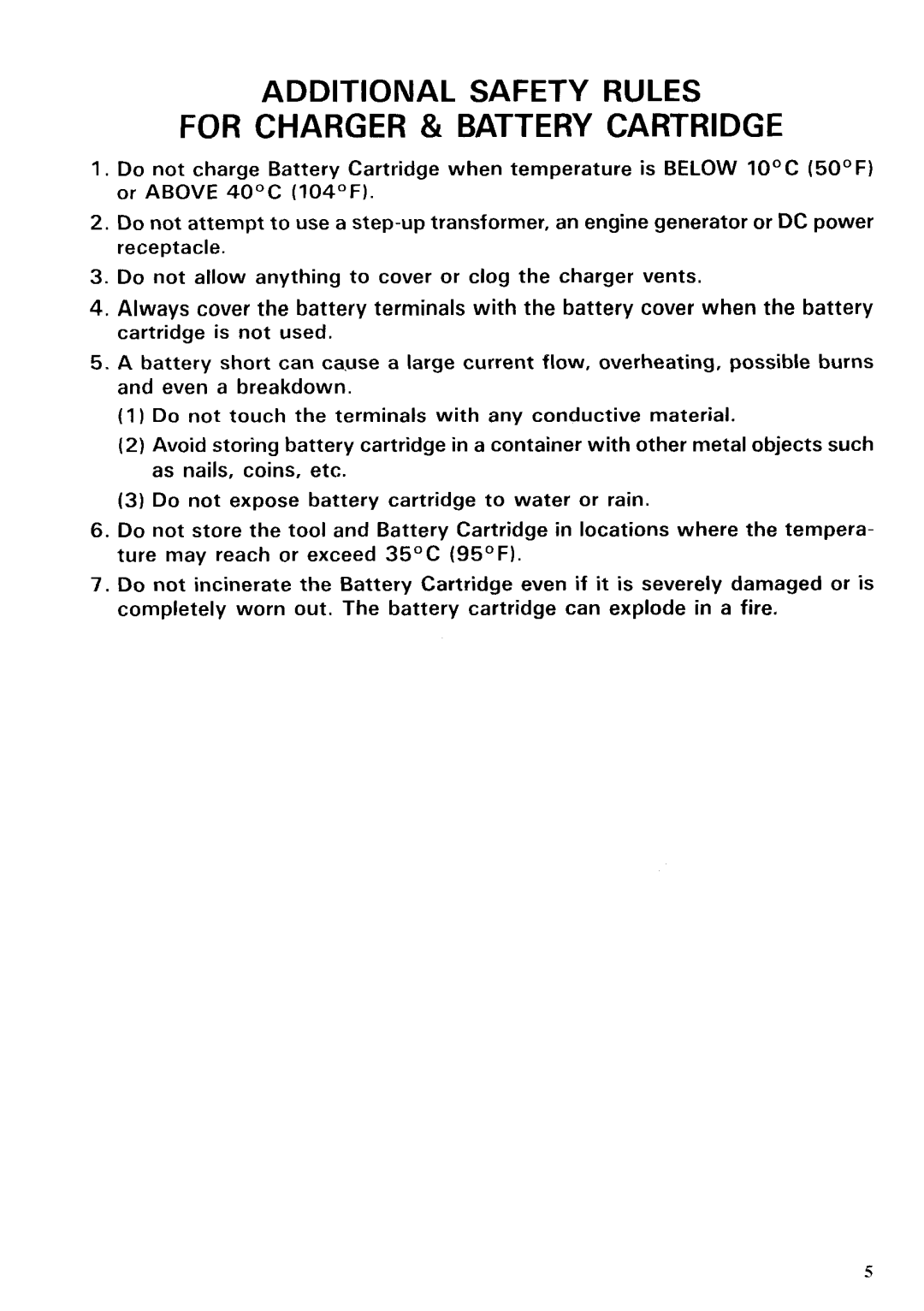 Makita 5092DW instruction manual Additional Safety Rules For Charger & Battery Cartridge 