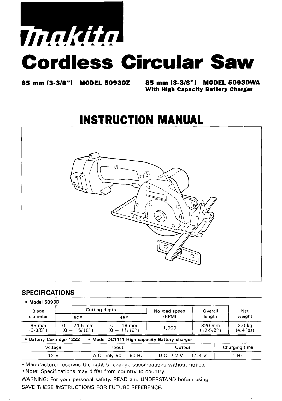 Makita 5093DZ instruction manual Rpm 