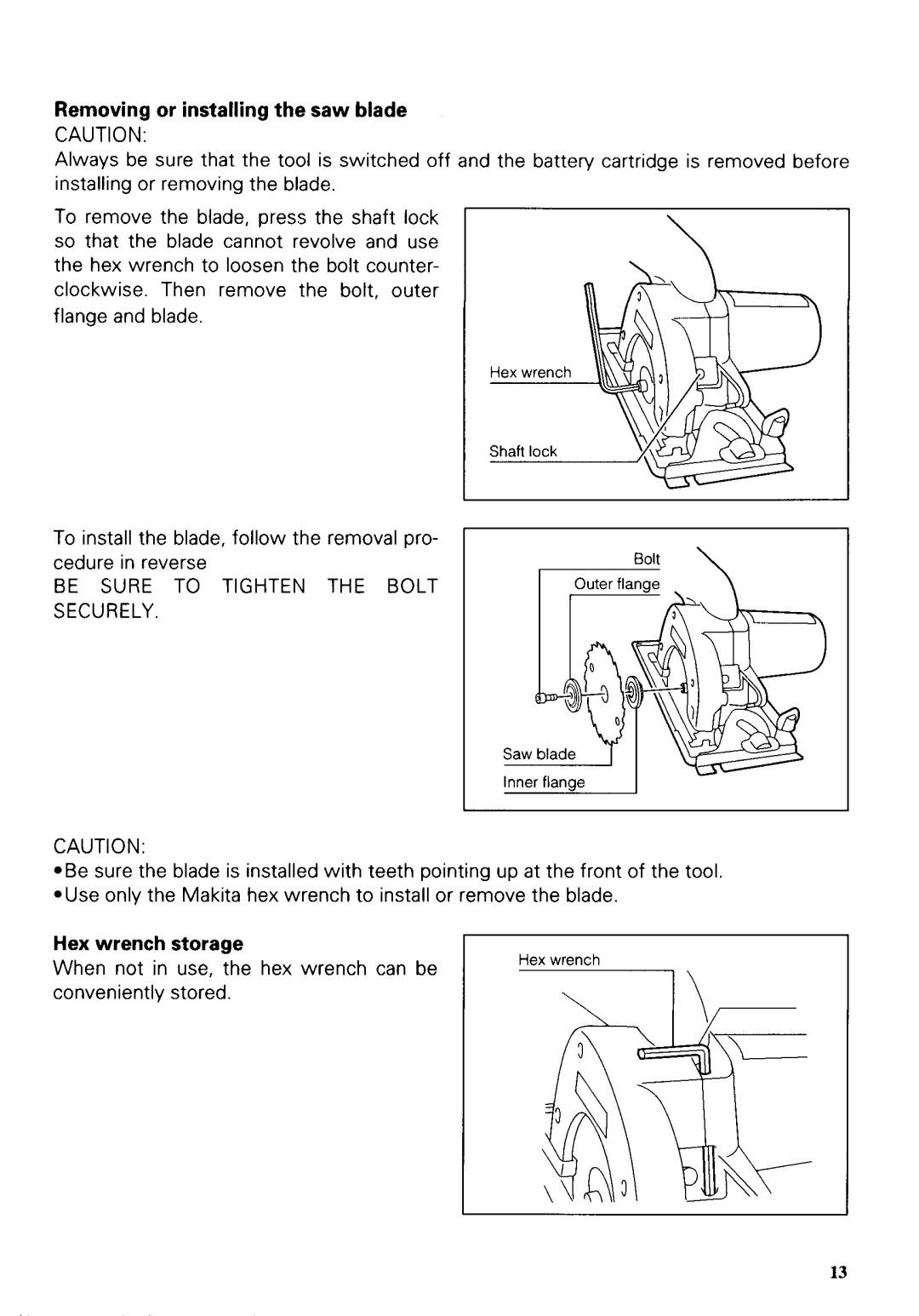 Makita 5093DZ instruction manual Removing or installingthe saw blade, Hex wrench storage 