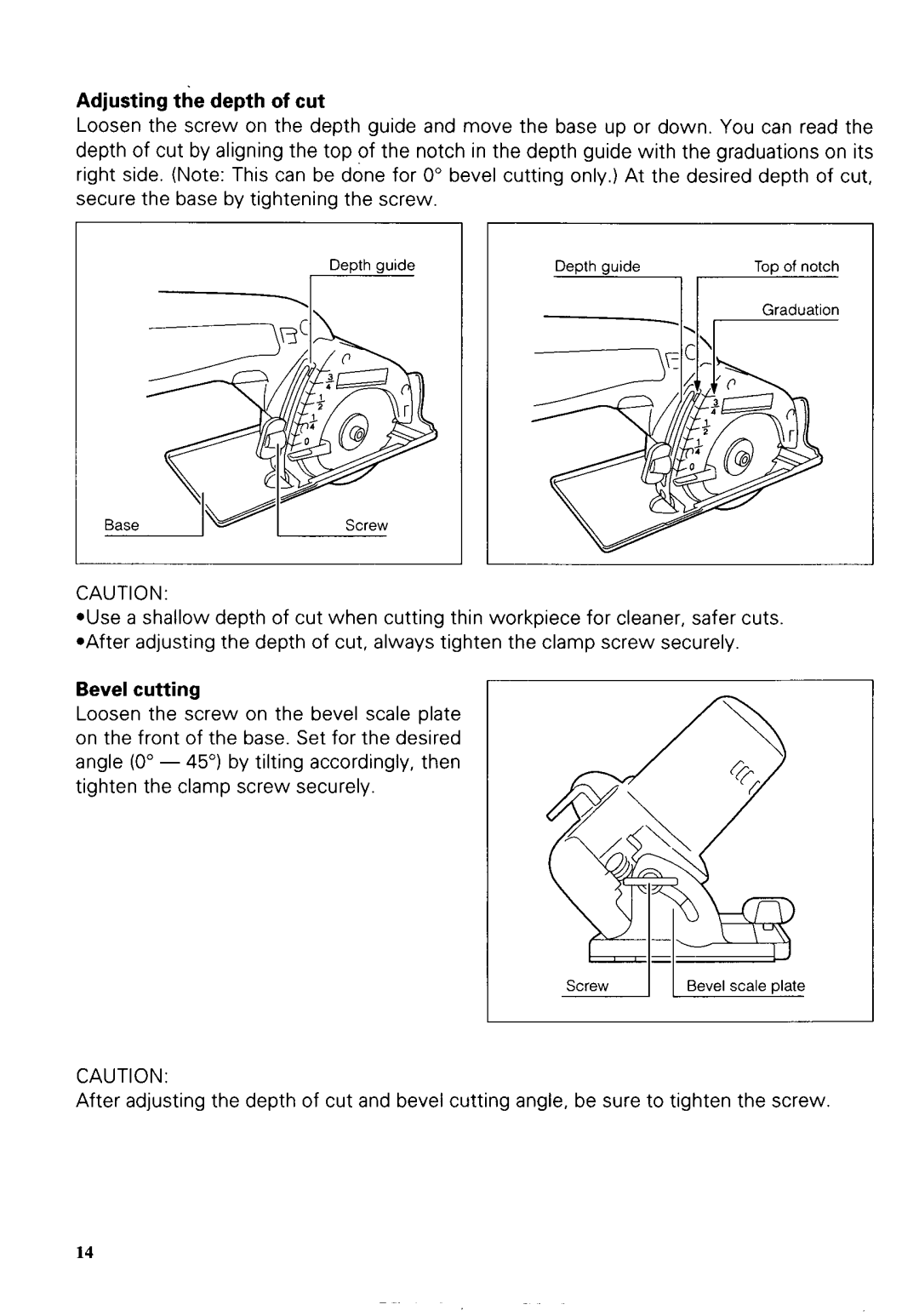 Makita 5093DZ instruction manual Adjusting the depth of cut, Bevel cutting 