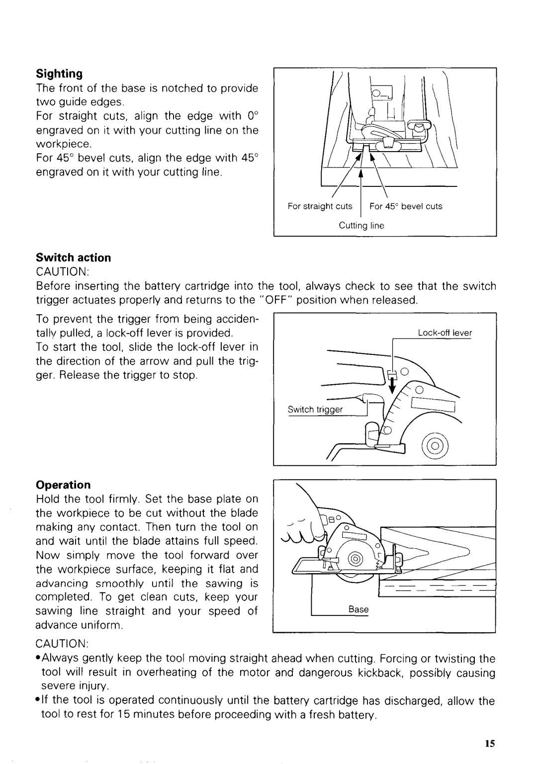 Makita 5093DZ instruction manual Sighting, Switch action, Operation 