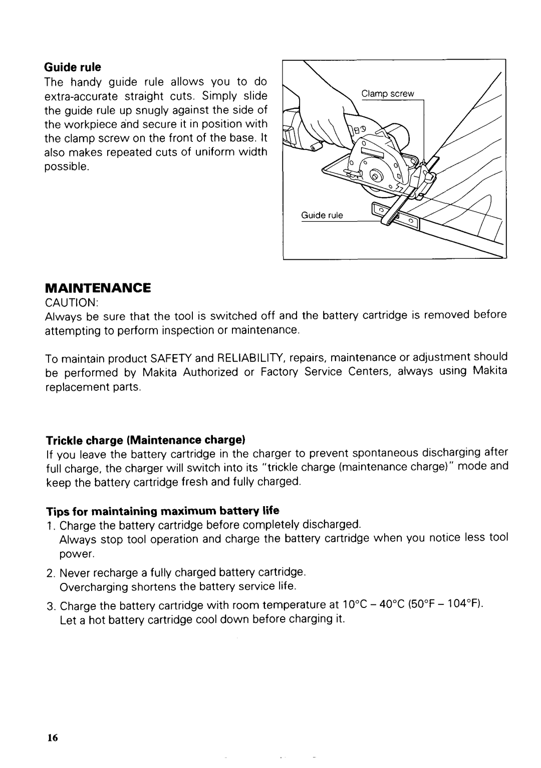 Makita 5093DZ instruction manual Guide rule, Trickle charge Maintenancecharge, Tips for maintainingmaximum battery life 