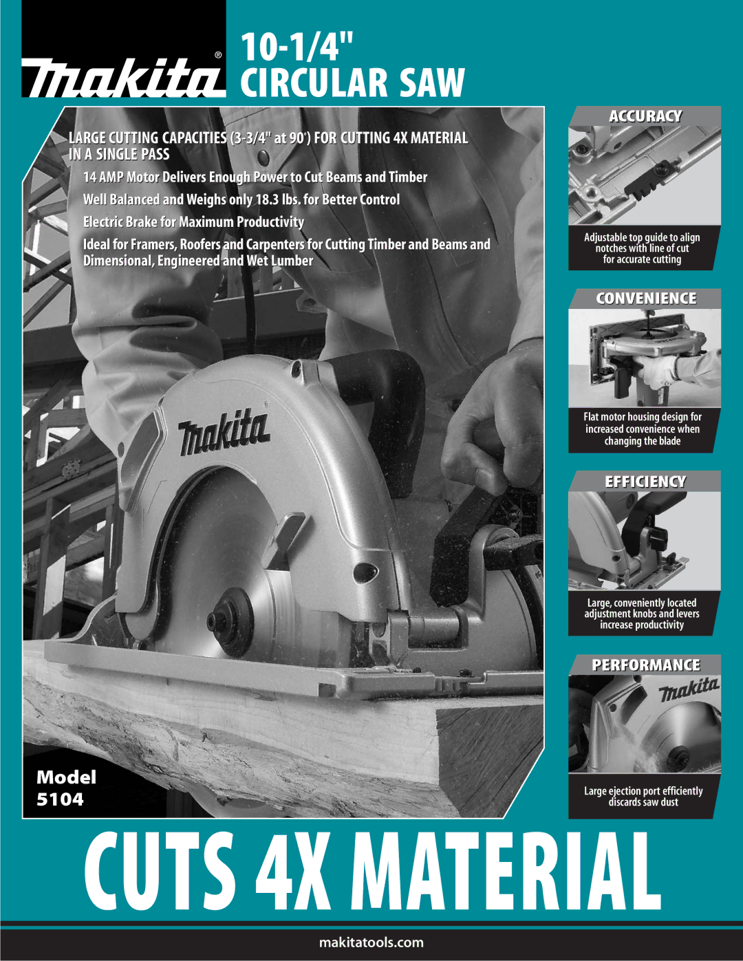 Makita 5104 manual Cuts 4X Material 