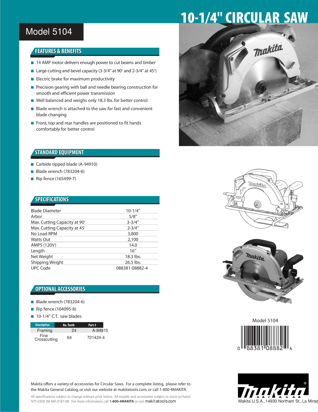 Makita 5104 manual Features & Benefits, Standard Equipment, Specifications, Optional Accessories 