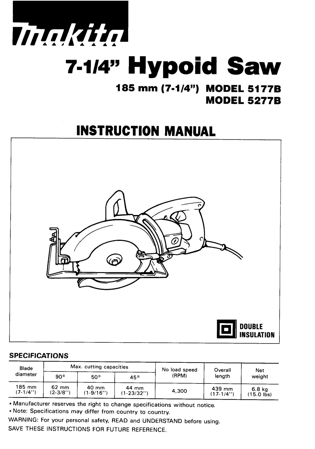 Makita 51778 instruction manual W Hypoid Saw 