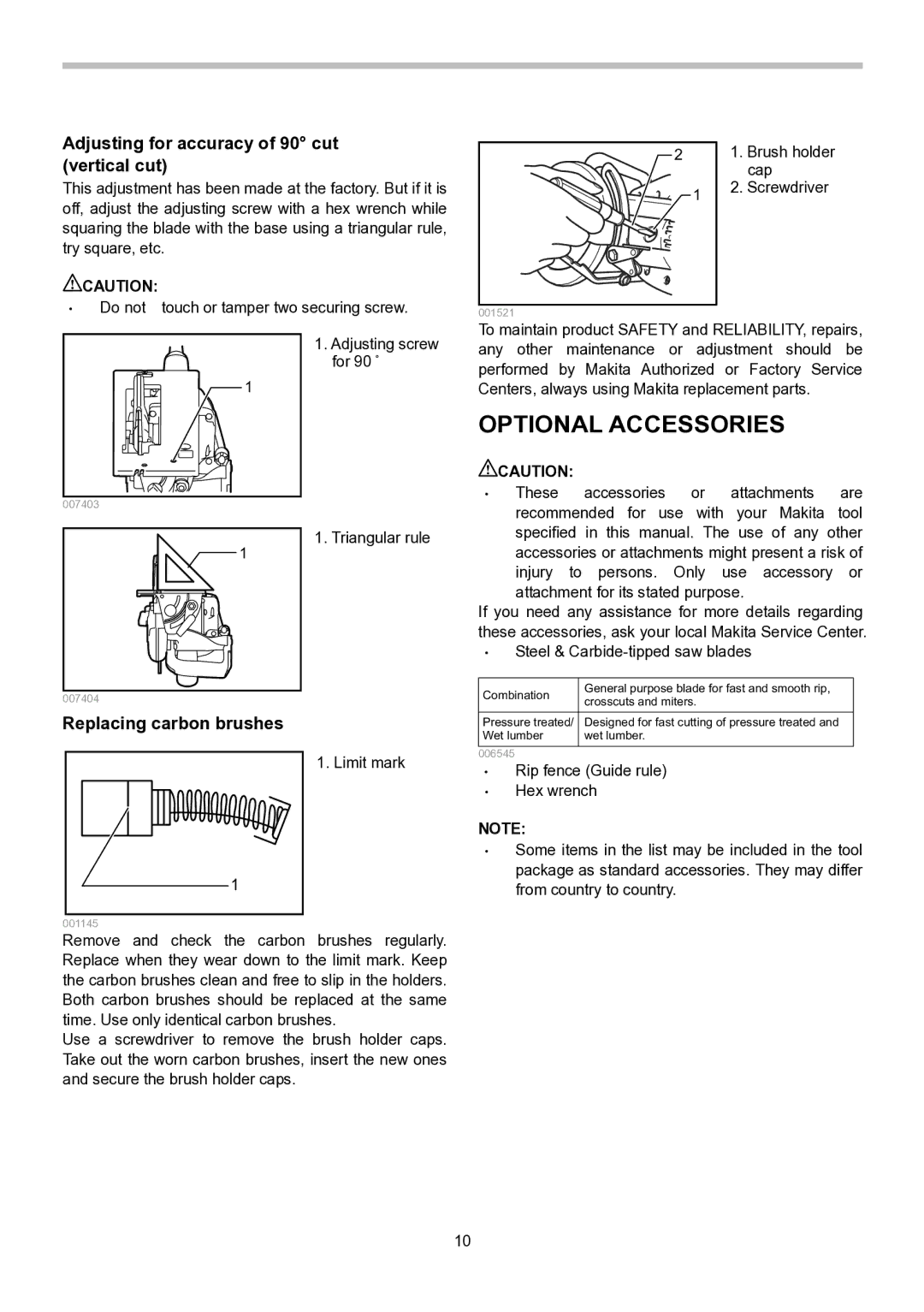 Makita 5377MG-R Optional Accessories, Adjusting for accuracy of 90 cut vertical cut, Replacing carbon brushes 