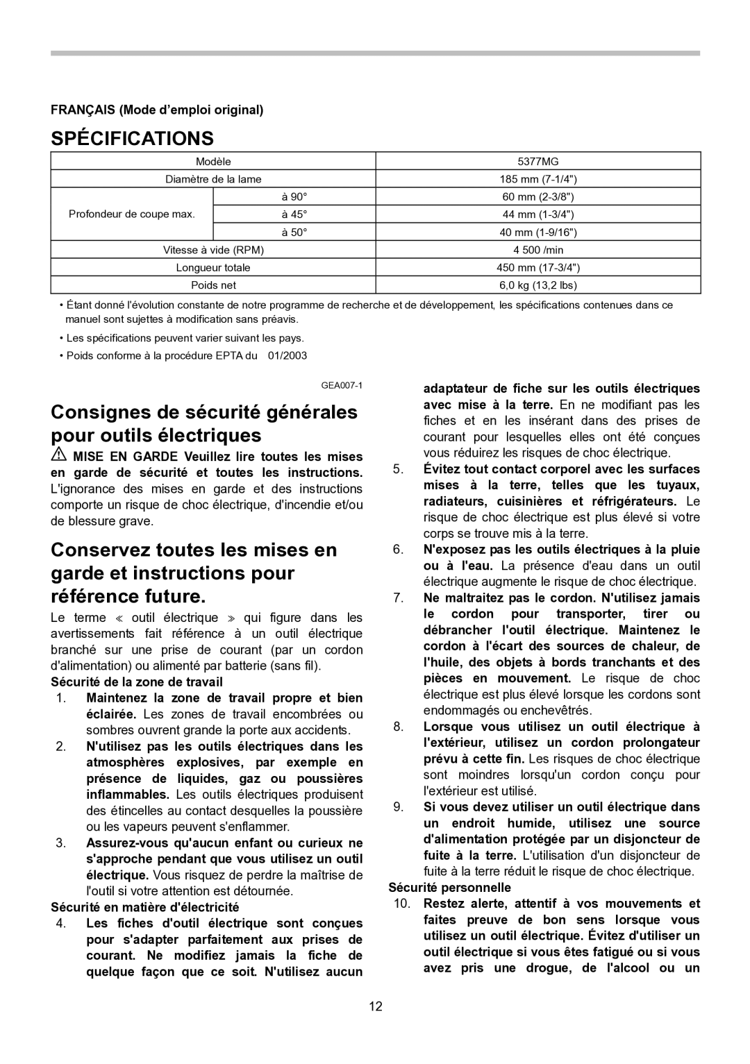 Makita 5377MG-R instruction manual Spécifications, Français Mode d’emploi original 