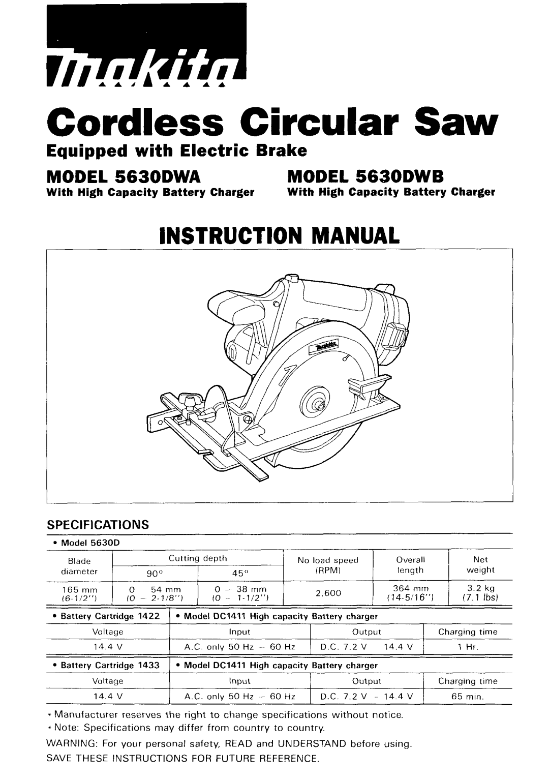 Makita 5630DWA, 5680DWB specifications Cordless Circular Saw, With High Capacity Battery Charger 