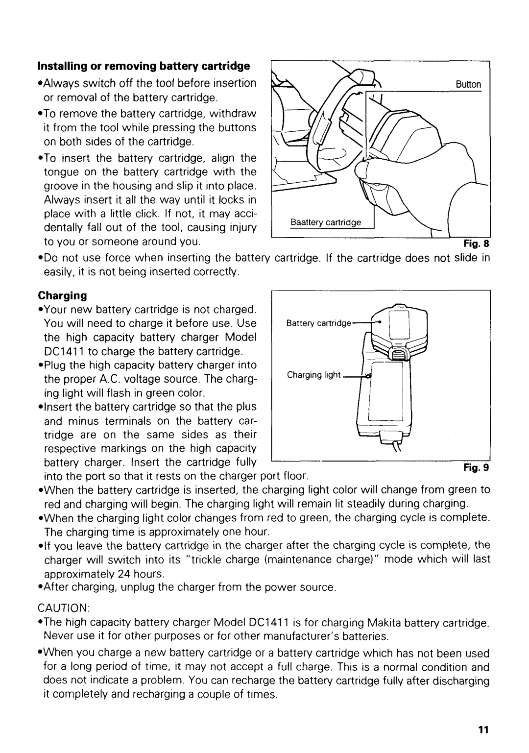 Makita 5630DWA, 5680DWB specifications Installing or removing battery cartridge, Charging 