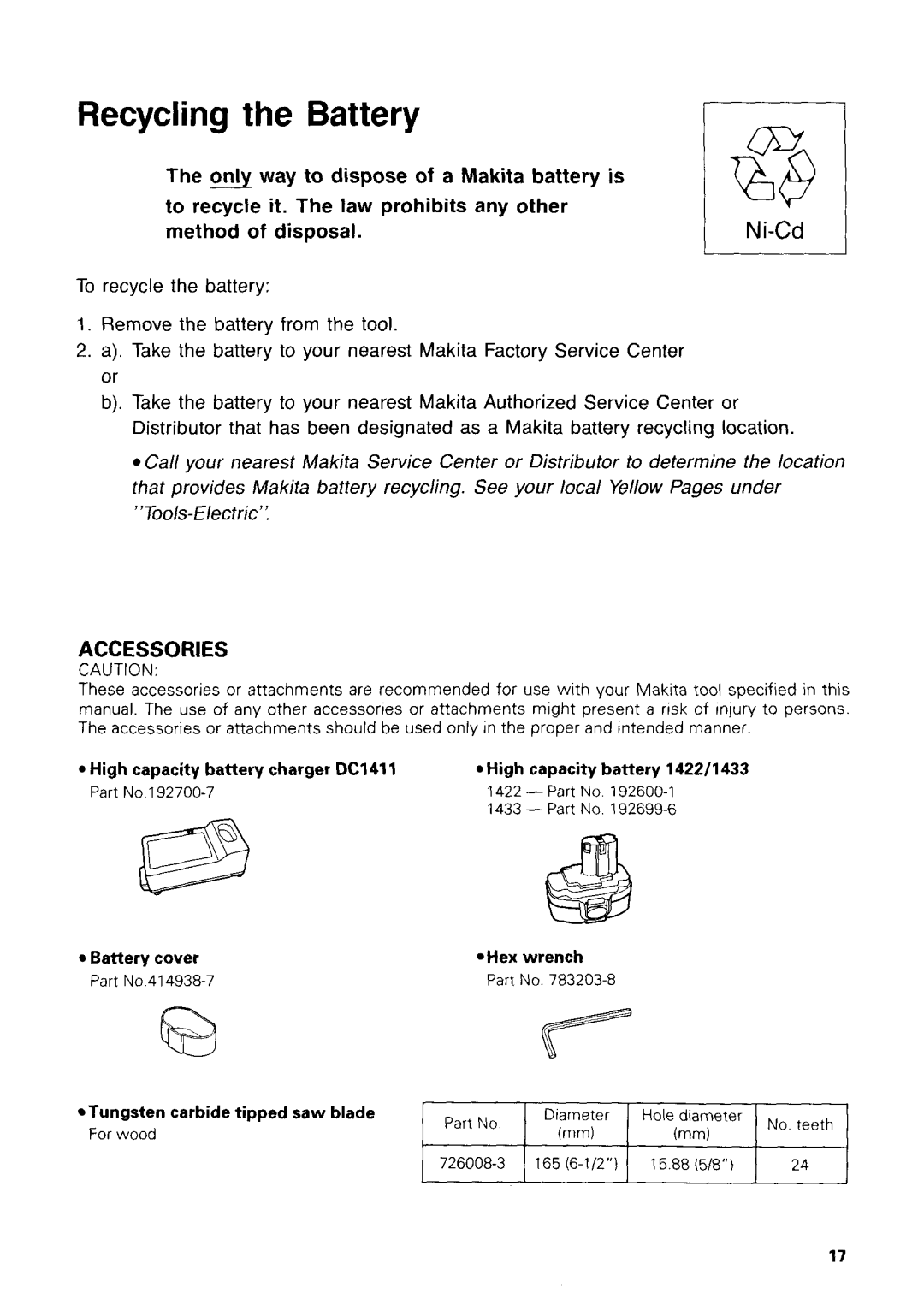 Makita 5630DWA, 5680DWB specifications Recycling the Battery, Method of disposal 