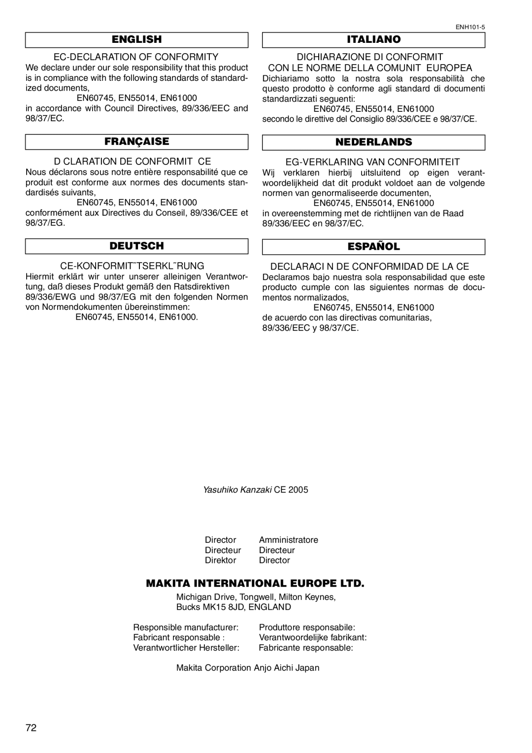 Makita 5103R, 5903R, 5703R, 5143R instruction manual English, Italiano, Française, Nederlands, Deutsch, Español 