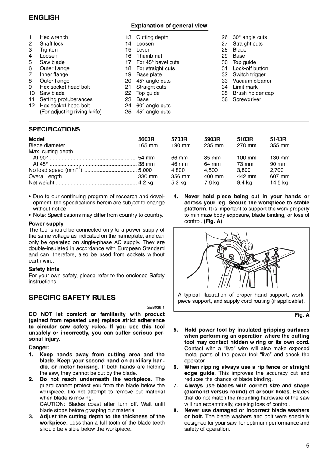 Makita Specifications, Explanation of general view, Model 5603R 5703R 5903R 5103R 5143R, Power supply, Safety hints 