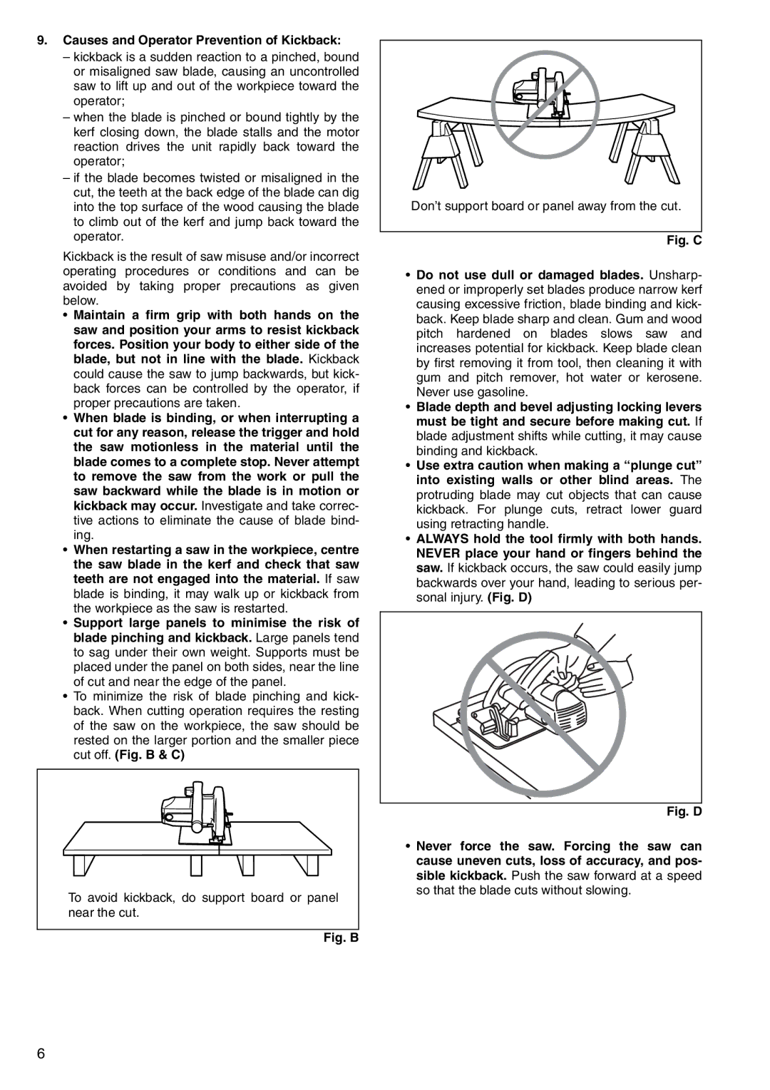 Makita 5143R, 5903R, 5703R, 5103R instruction manual Causes and Operator Prevention of Kickback, Fig. B 