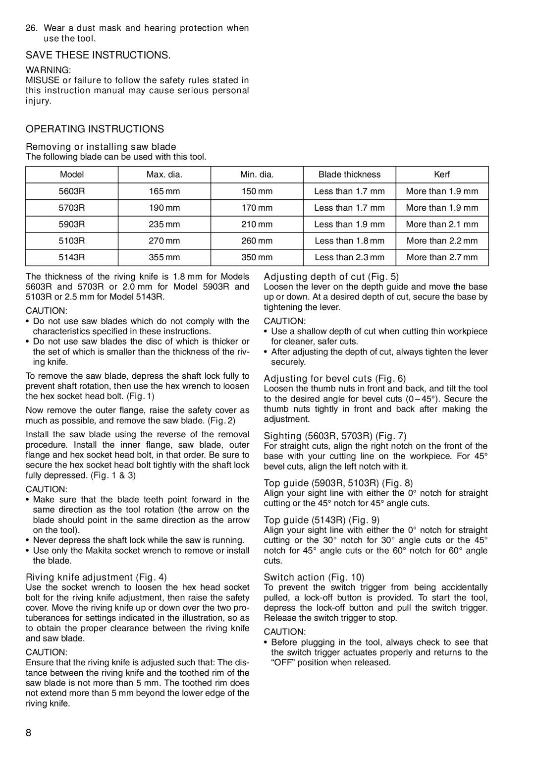 Makita 5903R, 5703R, 5143R, 5103R instruction manual Operating Instructions 