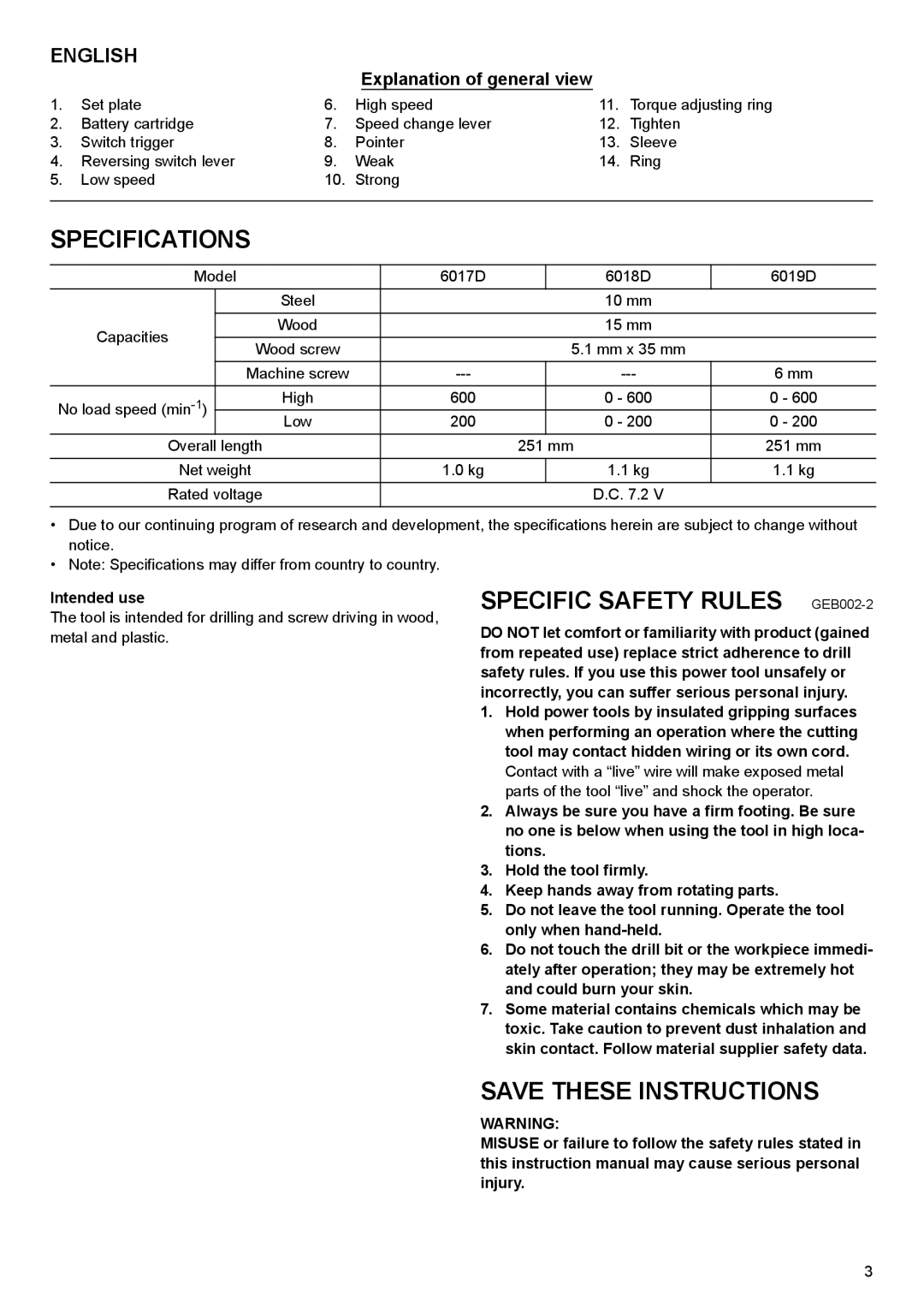 Makita 6017D, 6019D, 6018D instruction manual Specifications, Specific Safety Rules GEB002-2, Intended use 