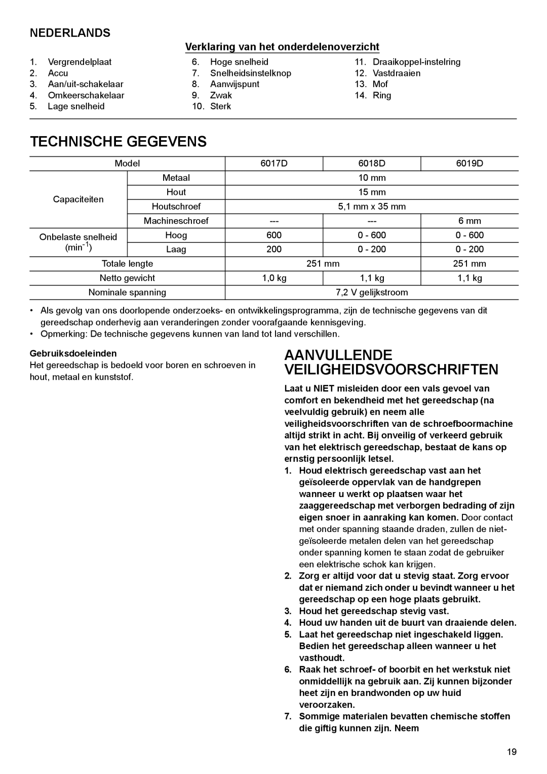 Makita 6019D, 6017D, 6018D instruction manual Technische Gegevens, Gebruiksdoeleinden 