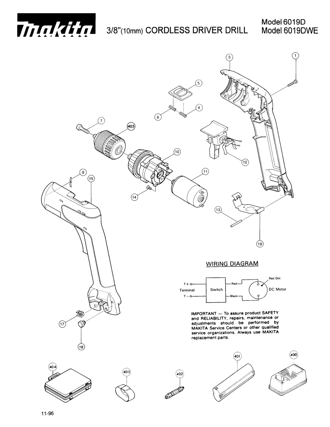 Makita manual 810mm Cordless Driver Drill Model 6019DWE, Wiring Diagram, 11-96 