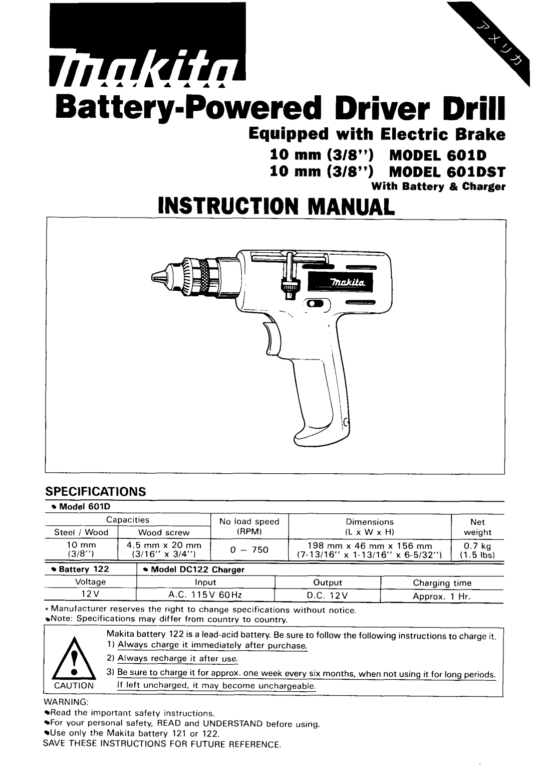 Makita 601DST instruction manual Battery-Powered Driver Drill 