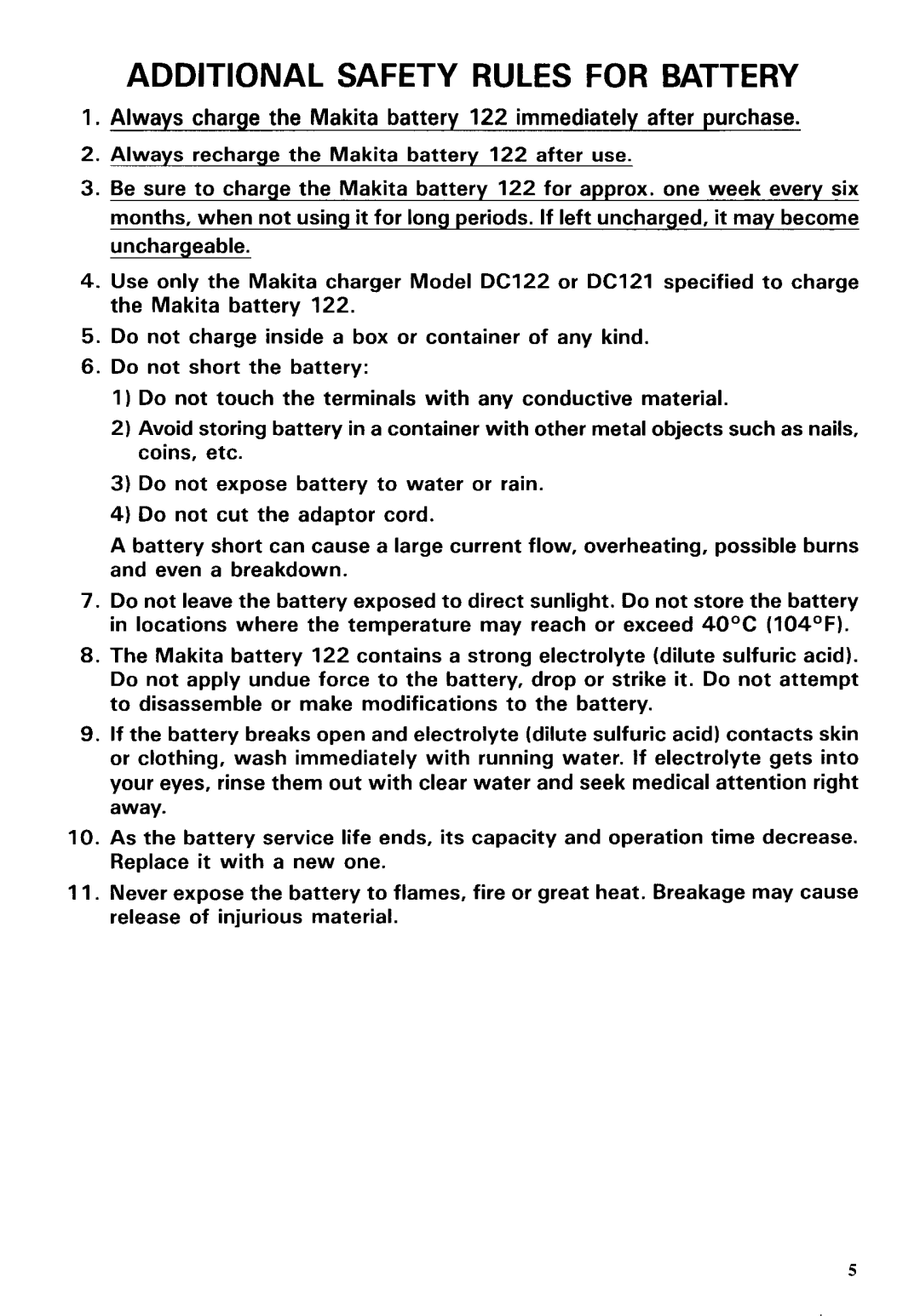 Makita 601DST instruction manual Additional Safety Rules for Battery 