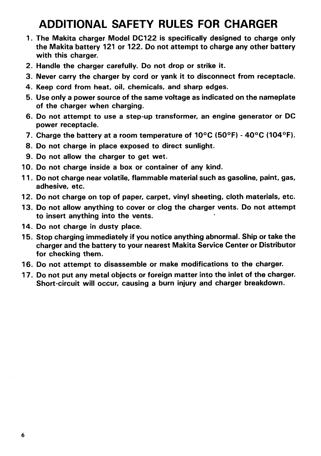 Makita 601DST instruction manual Additional Safety Rules for Charger 